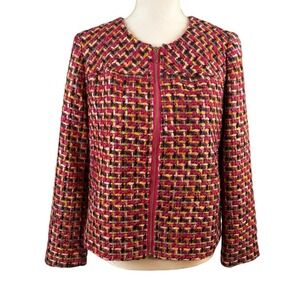 Chicos Women's Tweed Blazer Size 1P Medium Petite Pink Woven Multi Career Church